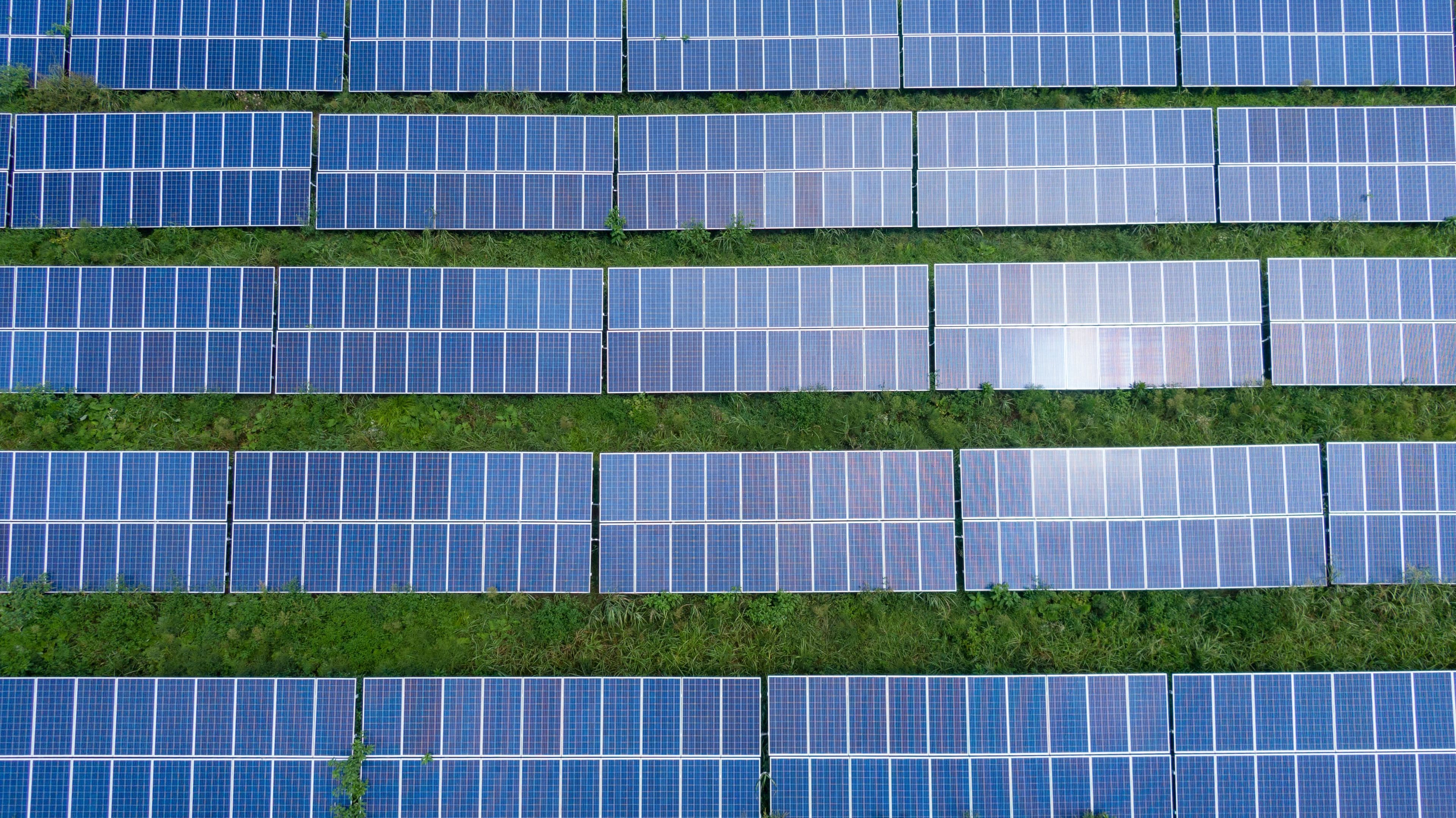 An aerial view of a utility-scale solar array.